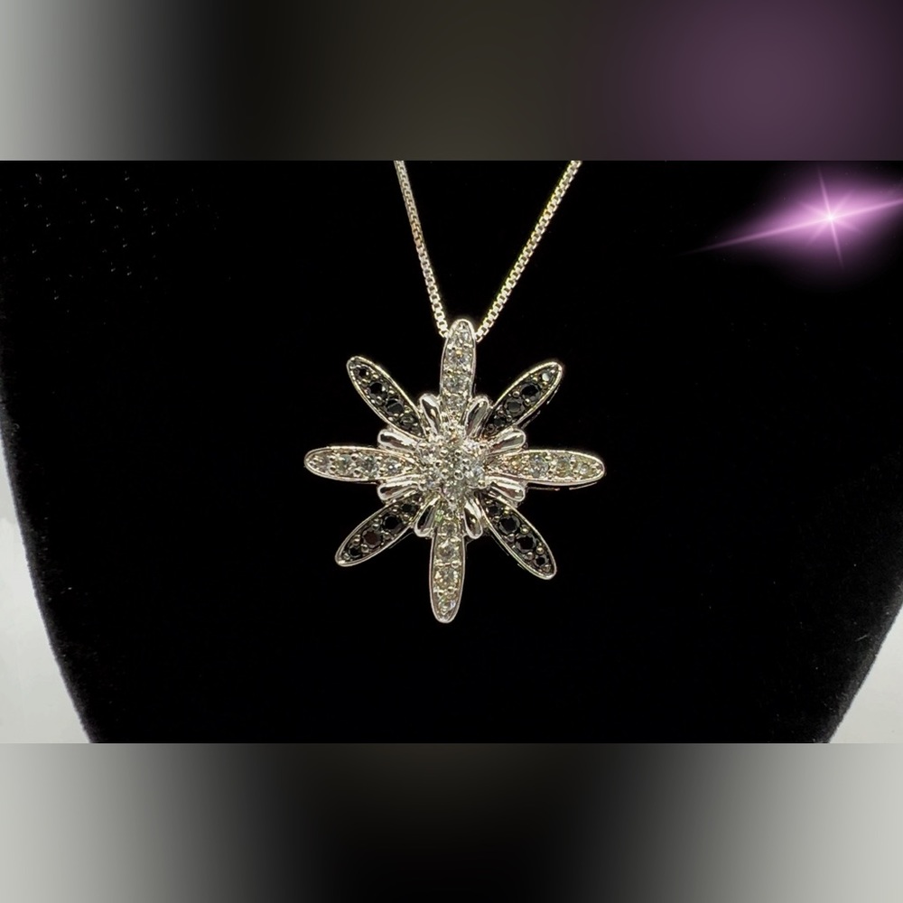 Sterling Silver Black & White CZ Starburst Pendant Necklace - Picture 6 of 6